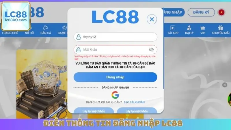 Điền thông tin đăng nhập LC88